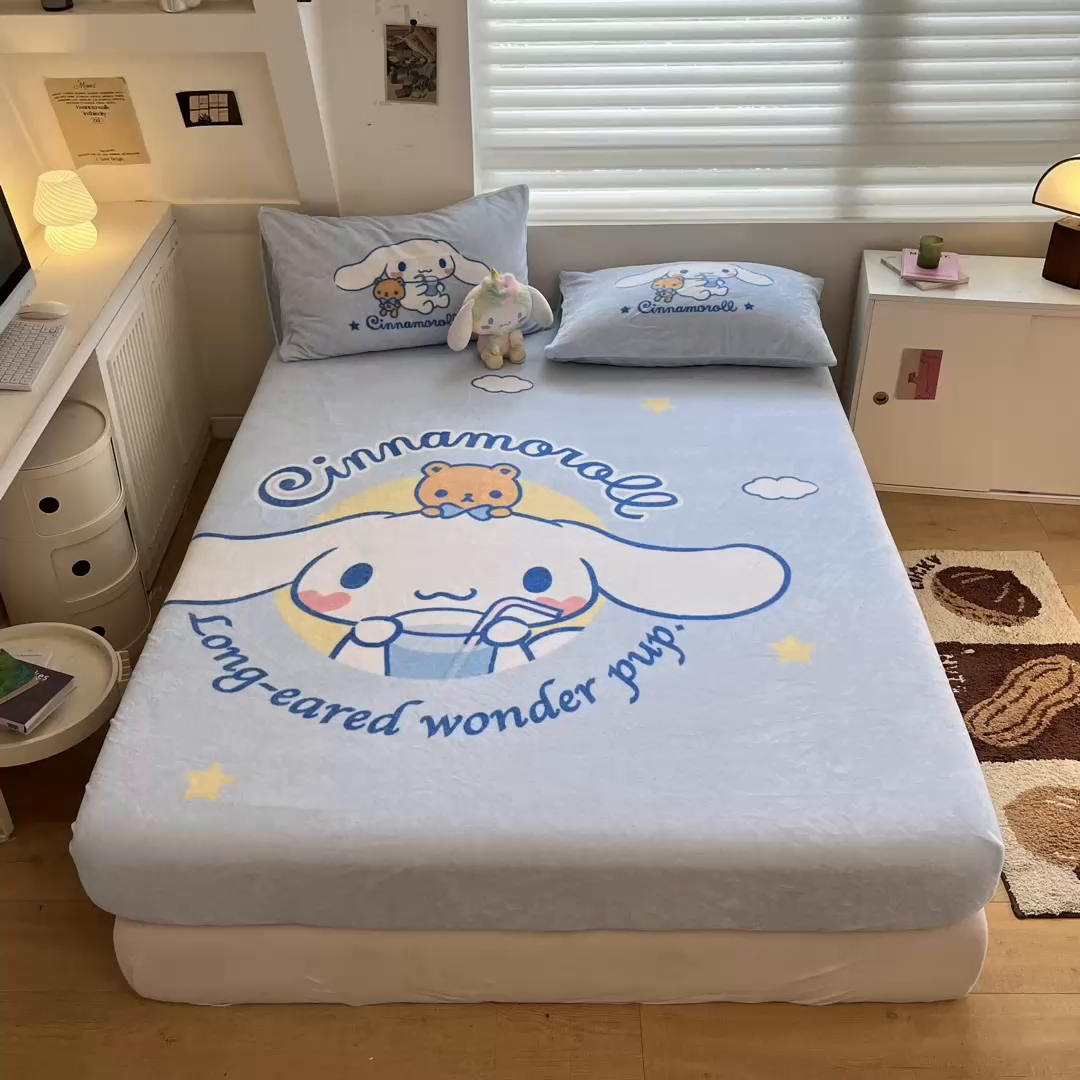 91家纺网 家纺一手货源 找家纺 金爱家 2025新款高克重牛奶绒单品系列保暖床单床笠单件 绒-D汽水大耳狗