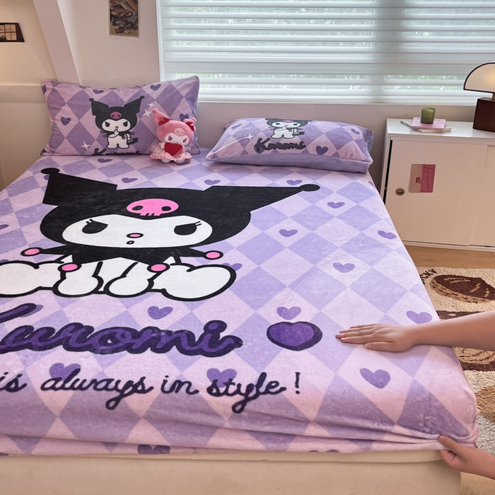 91家纺网 家纺一手货源 找家纺 金爱家 2025新款高克重牛奶绒单品系列保暖床单床笠单件 绒-D桃心美美库洛米