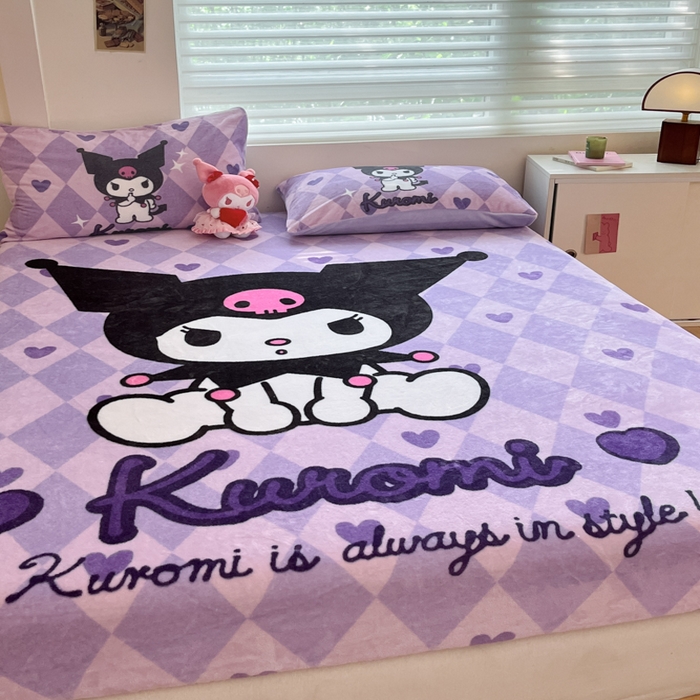 91家纺网 家纺一手货源 找家纺 金爱家 2025新款高克重牛奶绒单品系列保暖床单床笠单件 绒-D桃心美美库洛米