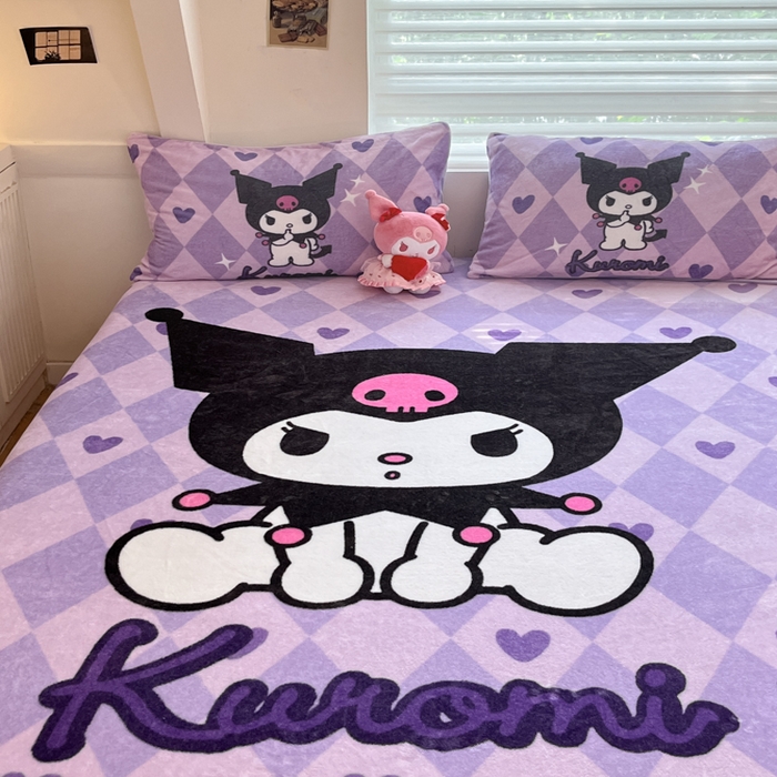 91家纺网 家纺一手货源 找家纺 金爱家 2025新款高克重牛奶绒单品系列保暖床单床笠单件 绒-D桃心美美库洛米