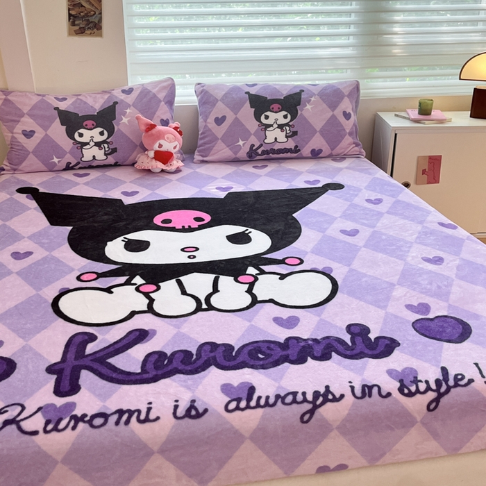 91家纺网 家纺一手货源 找家纺 金爱家 2025新款高克重牛奶绒单品系列保暖床单床笠单件 绒-D桃心美美库洛米