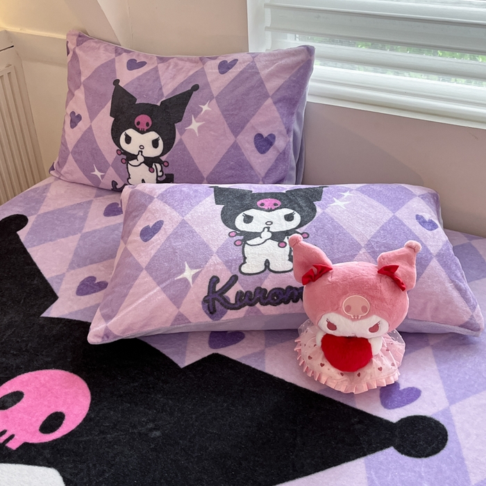 91家纺网 家纺一手货源 找家纺 金爱家 2025新款高克重牛奶绒单品系列保暖床单床笠单件 绒-D桃心美美库洛米