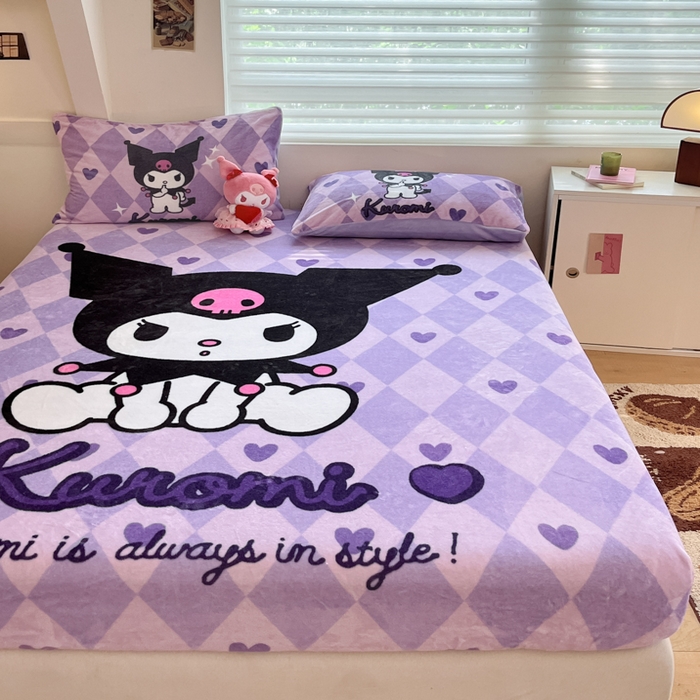 91家纺网 家纺一手货源 找家纺 金爱家 2025新款高克重牛奶绒单品系列保暖床单床笠单件 绒-D桃心美美库洛米