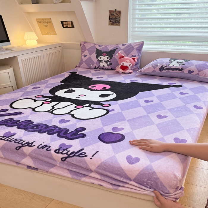 91家纺网 家纺一手货源 找家纺 金爱家 2025新款高克重牛奶绒单品系列保暖床单床笠单件 绒-D桃心美美库洛米