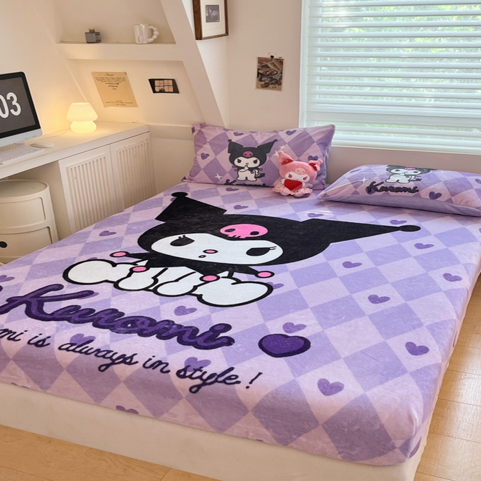 91家纺网 家纺一手货源 找家纺 金爱家 2025新款高克重牛奶绒单品系列保暖床单床笠单件 绒-D桃心美美库洛米