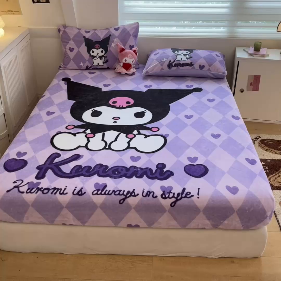 91家纺网 家纺一手货源 找家纺 金爱家 2025新款高克重牛奶绒单品系列保暖床单床笠单件 绒-D桃心美美库洛米