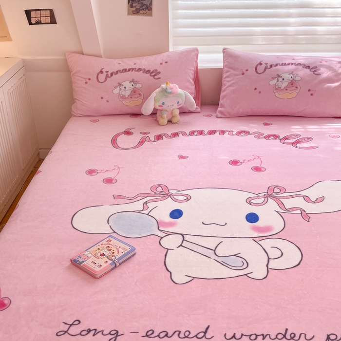 91家纺网 家纺一手货源 找家纺 金爱家 2025新款高克重牛奶绒单品系列保暖床单床笠单件 绒-D樱桃美美大耳狗