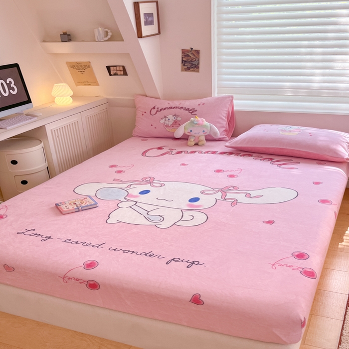 91家纺网 家纺一手货源 找家纺 金爱家 2025新款高克重牛奶绒单品系列保暖床单床笠单件 绒-D樱桃美美大耳狗