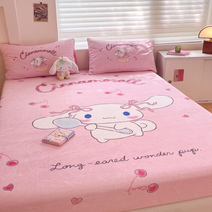 91家纺网 家纺一手货源 找家纺 金爱家 2025新款高克重牛奶绒单品系列保暖床单床笠单件 绒-D樱桃美美大耳狗