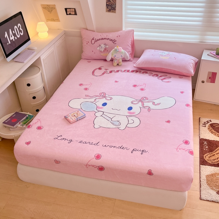 91家纺网 家纺一手货源 找家纺 金爱家 2025新款高克重牛奶绒单品系列保暖床单床笠单件 绒-D樱桃美美大耳狗