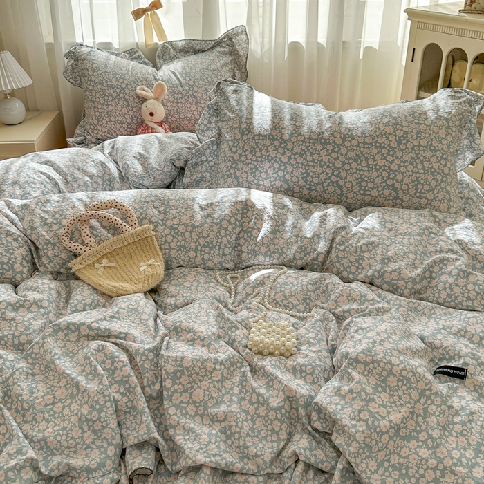 91家纺网 家纺一手货源 找家纺 欧尚 2025新款亲肤碎花云柔棉四件套 蓝郁