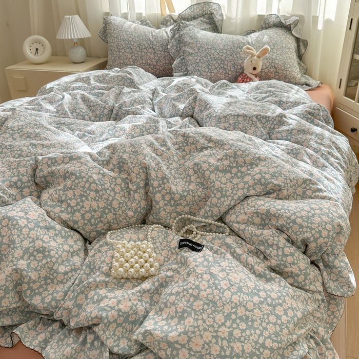 91家纺网 家纺一手货源 找家纺 欧尚 2025新款亲肤碎花云柔棉四件套 蓝郁