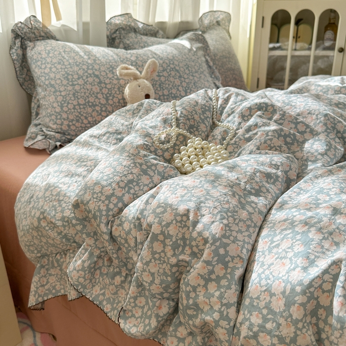 91家纺网 家纺一手货源 找家纺 欧尚 2025新款亲肤碎花云柔棉四件套 蓝郁