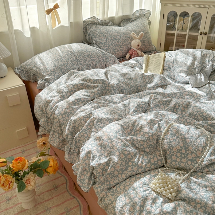 91家纺网 家纺一手货源 找家纺 欧尚 2025新款亲肤碎花云柔棉四件套 蓝郁