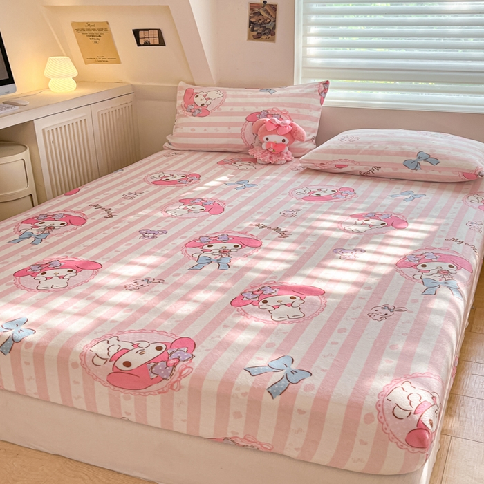 91家纺网 家纺一手货源 找家纺 金爱家 2025新款三丽鸥牛奶绒单品系列床单床笠单件 绒-X粉梦美乐蒂