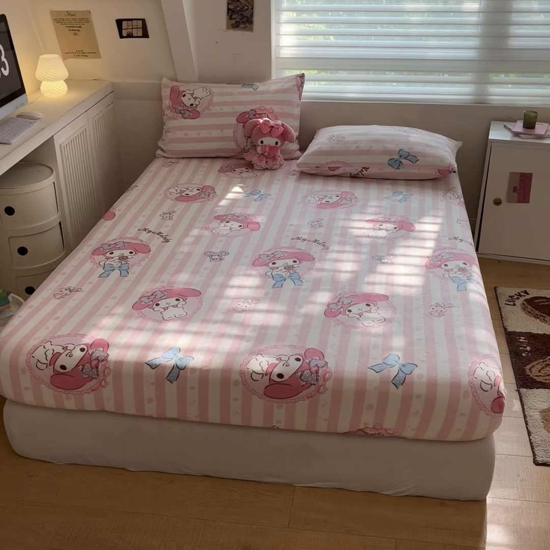 91家纺网 家纺一手货源 找家纺 金爱家 2025新款三丽鸥牛奶绒单品系列床单床笠单件 绒-X粉梦美乐蒂