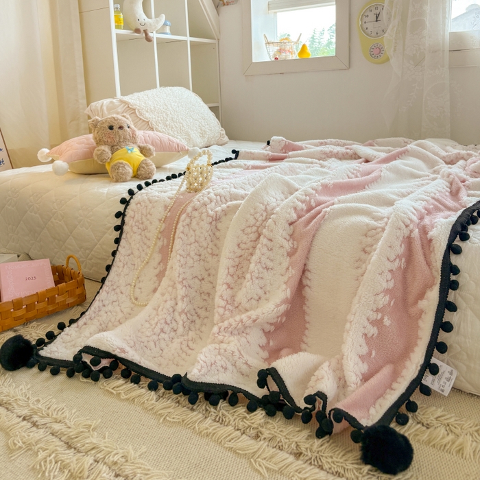 91家纺网 家纺一手货源 找家纺 潮邦创意家居 2025新款250g阳离子提花小球毯盖毯毯子-星绒墨趣 星绒墨趣 -清新粉