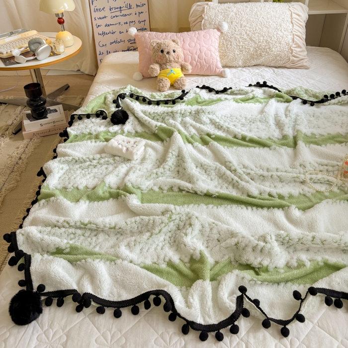 91家纺网 家纺一手货源 找家纺 潮邦创意家居 2025新款250g阳离子提花小球毯盖毯毯子-星绒墨趣 星绒墨趣 -香草绿