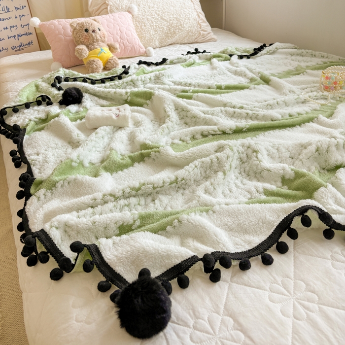 91家纺网 家纺一手货源 找家纺 潮邦创意家居 2025新款250g阳离子提花小球毯盖毯毯子-星绒墨趣 星绒墨趣 -香草绿
