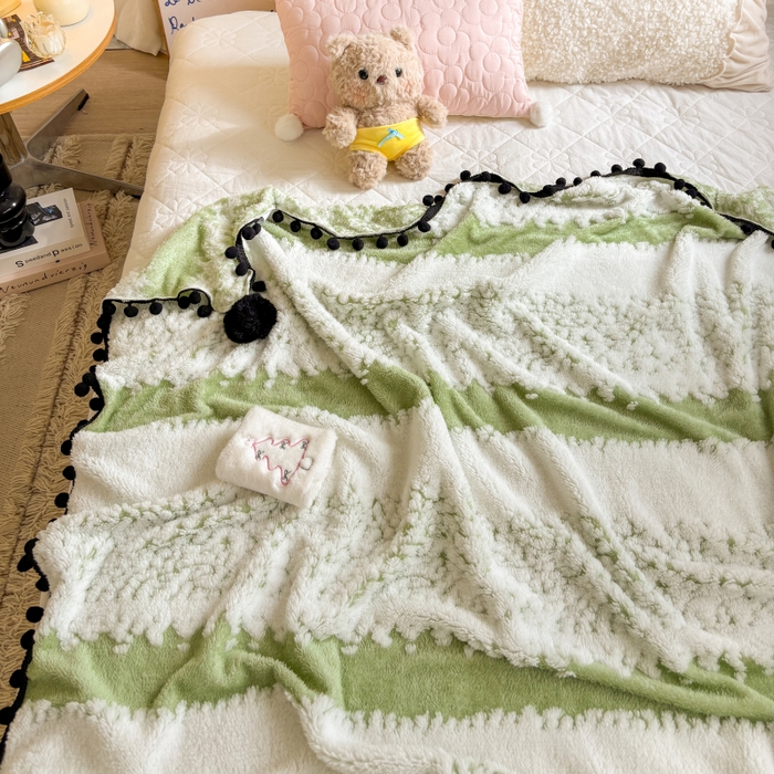 91家纺网 家纺一手货源 找家纺 潮邦创意家居 2025新款250g阳离子提花小球毯盖毯毯子-星绒墨趣 星绒墨趣 -香草绿