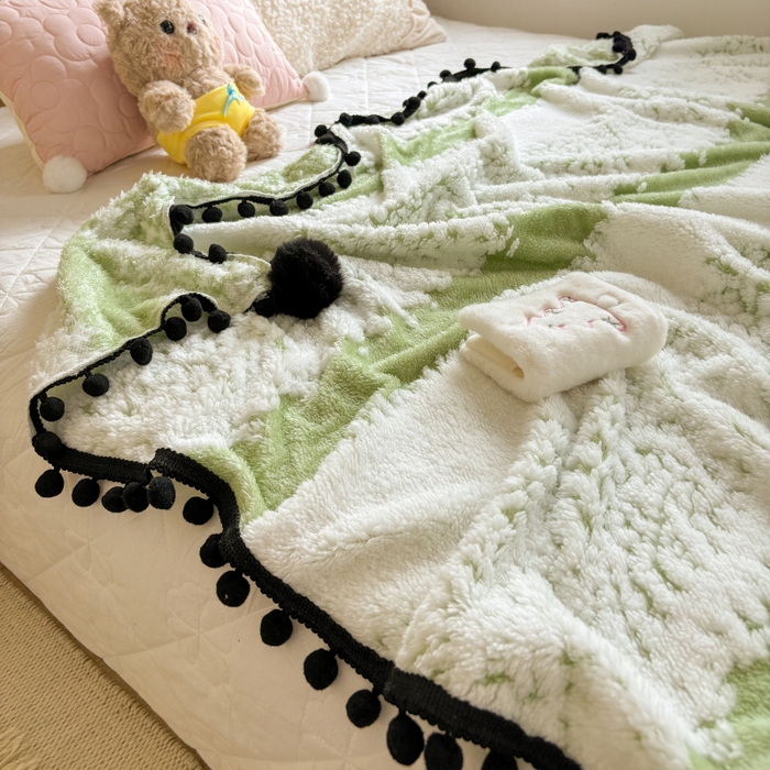 91家纺网 家纺一手货源 找家纺 潮邦创意家居 2025新款250g阳离子提花小球毯盖毯毯子-星绒墨趣 星绒墨趣 -香草绿