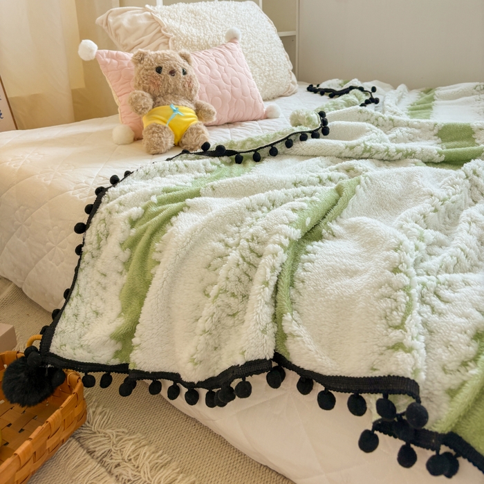 91家纺网 家纺一手货源 找家纺 潮邦创意家居 2025新款250g阳离子提花小球毯盖毯毯子-星绒墨趣 星绒墨趣 -香草绿