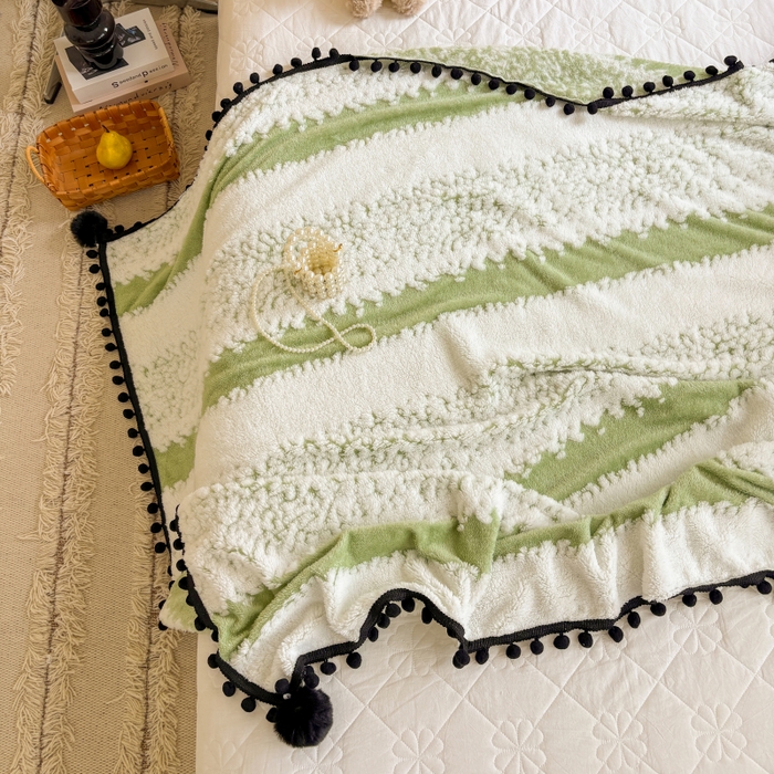 91家纺网 家纺一手货源 找家纺 潮邦创意家居 2025新款250g阳离子提花小球毯盖毯毯子-星绒墨趣 星绒墨趣 -香草绿