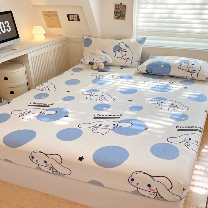 91家纺网 家纺一手货源 找家纺 金爱家 2025新款三丽鸥牛奶绒单品系列床单床笠单件 绒-X蓝色波点玉桂狗