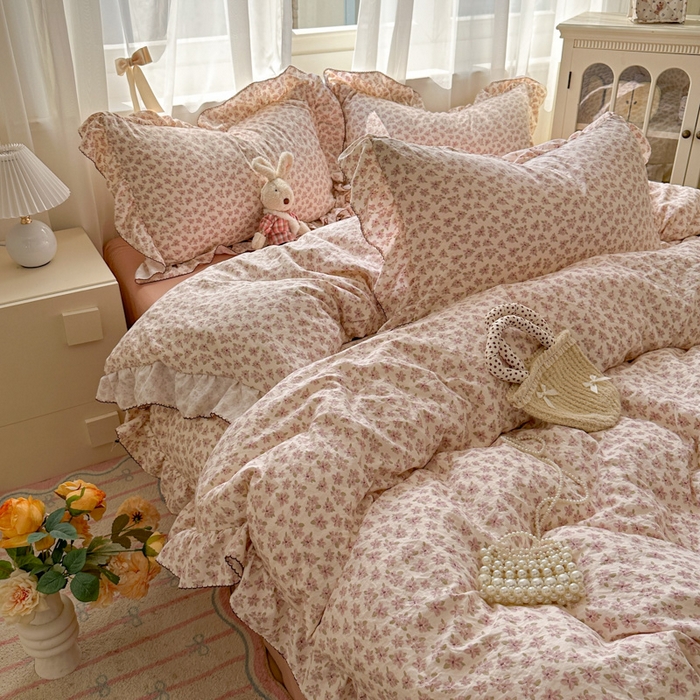 91家纺网 家纺一手货源 找家纺 欧尚 2025新款亲肤碎花云柔棉四件套 桃夭夭