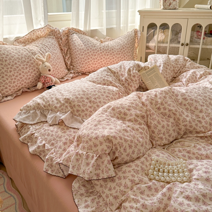 91家纺网 家纺一手货源 找家纺 欧尚 2025新款亲肤碎花云柔棉四件套 桃夭夭