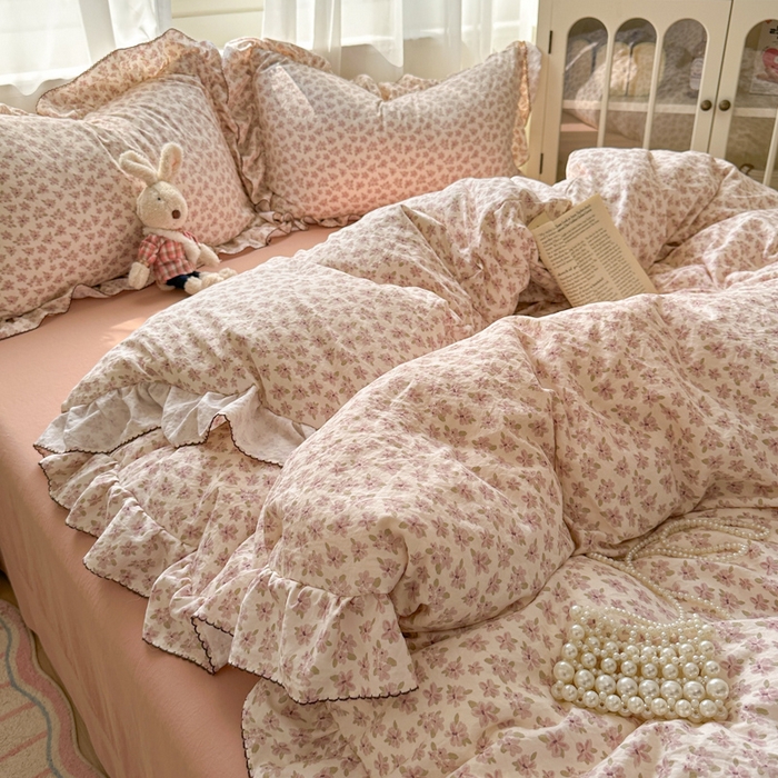 91家纺网 家纺一手货源 找家纺 欧尚 2025新款亲肤碎花云柔棉四件套 桃夭夭