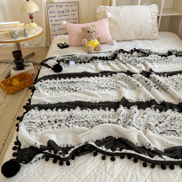 91家纺网 家纺一手货源 找家纺 潮邦创意家居 2025新款250g阳离子提花小球毯盖毯毯子-星绒墨趣 星绒墨趣 -耀黑