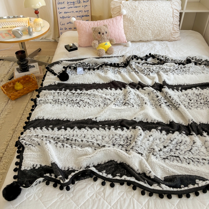 91家纺网 家纺一手货源 找家纺 潮邦创意家居 2025新款250g阳离子提花小球毯盖毯毯子-星绒墨趣 星绒墨趣 -耀黑