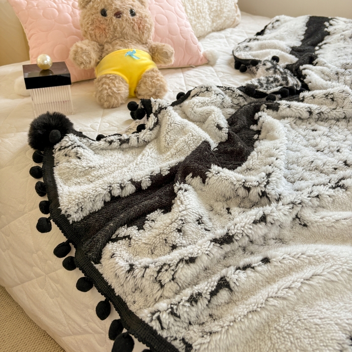 91家纺网 家纺一手货源 找家纺 潮邦创意家居 2025新款250g阳离子提花小球毯盖毯毯子-星绒墨趣 星绒墨趣 -耀黑