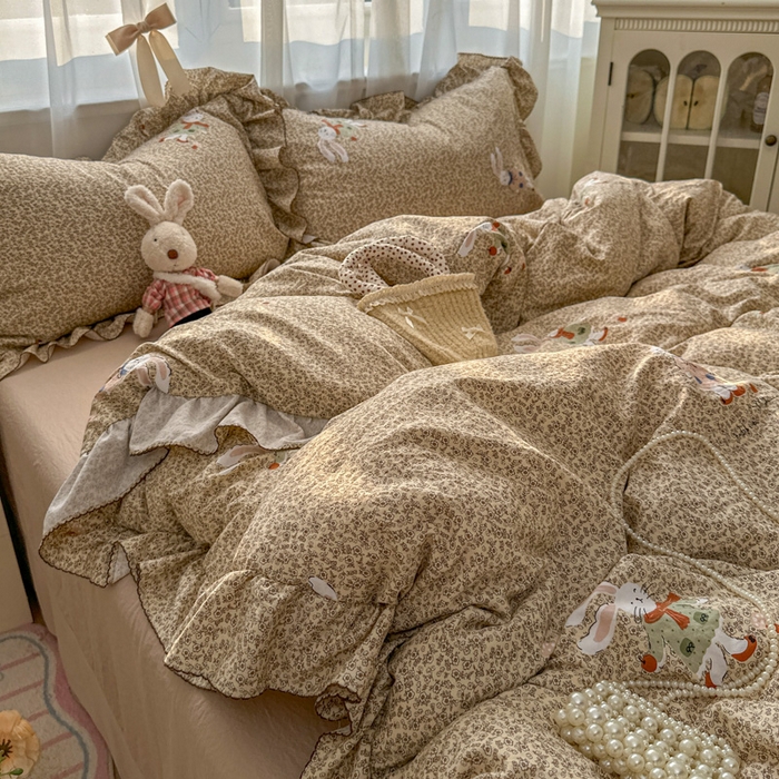 91家纺网 家纺一手货源 找家纺 欧尚 2025新款亲肤碎花云柔棉四件套 兔兔熊