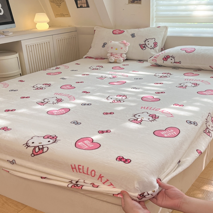 91家纺网 家纺一手货源 找家纺 金爱家 2025新款三丽鸥牛奶绒单品系列床单床笠单件 绒-X奶油kt