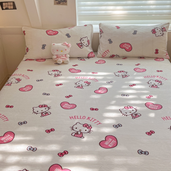 91家纺网 家纺一手货源 找家纺 金爱家 2025新款三丽鸥牛奶绒单品系列床单床笠单件 绒-X奶油kt