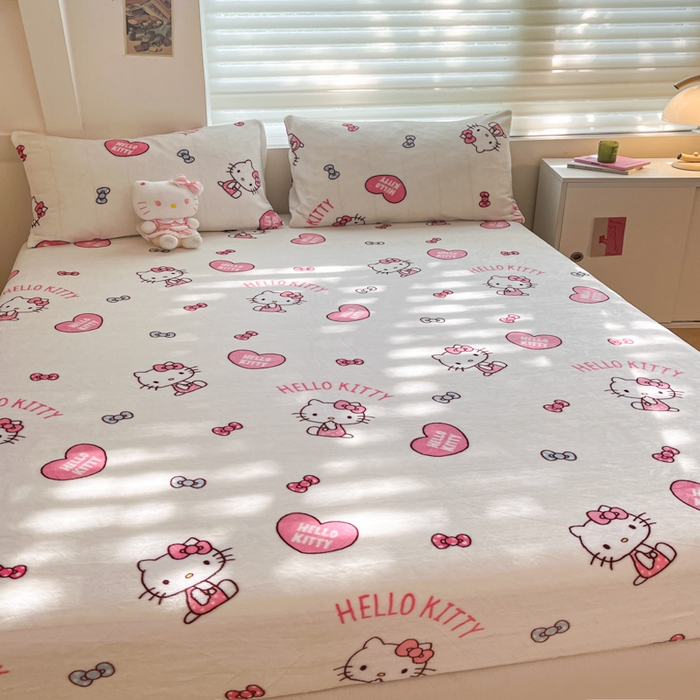 91家纺网 家纺一手货源 找家纺 金爱家 2025新款三丽鸥牛奶绒单品系列床单床笠单件 绒-X奶油kt