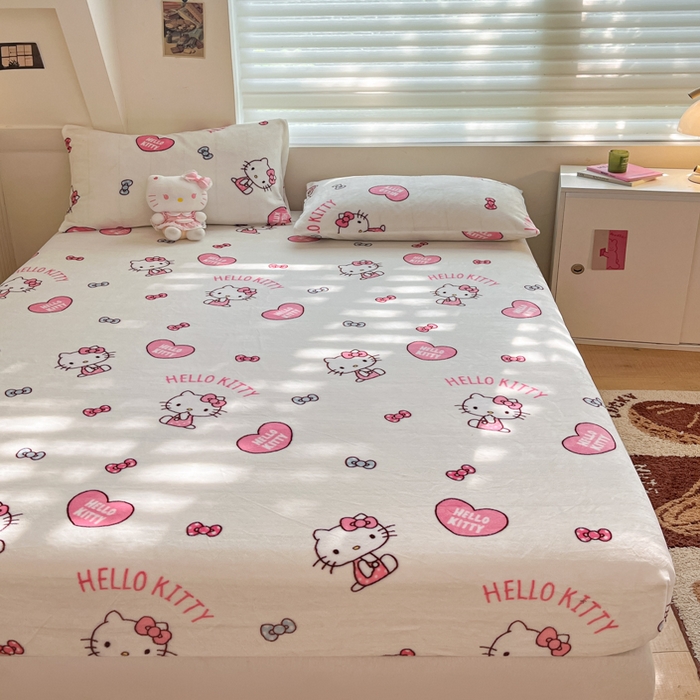 91家纺网 家纺一手货源 找家纺 金爱家 2025新款三丽鸥牛奶绒单品系列床单床笠单件 绒-X奶油kt