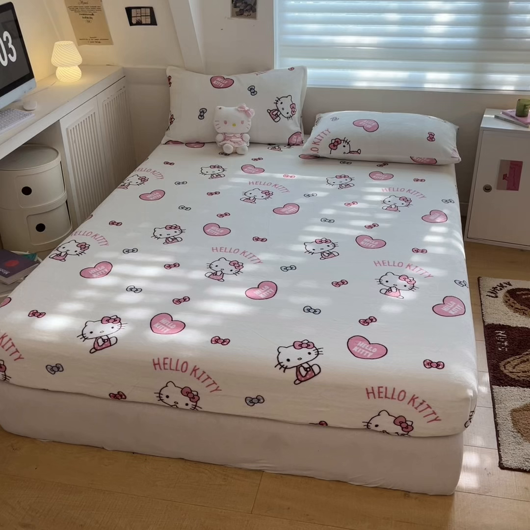 91家纺网 家纺一手货源 找家纺 金爱家 2025新款三丽鸥牛奶绒单品系列床单床笠单件 绒-X奶油kt