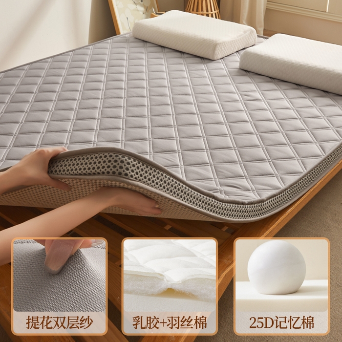 91家纺网 家纺一手货源 找家纺 丽诺床垫 2025新款提花双层纱乳胶立体床垫 灰色