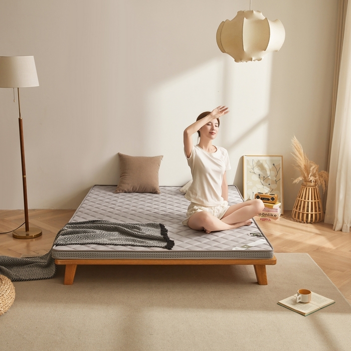 91家纺网 家纺一手货源 找家纺 丽诺床垫 2025新款提花双层纱乳胶立体床垫 灰色