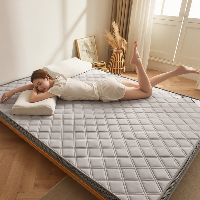 91家纺网 家纺一手货源 找家纺 丽诺床垫 2025新款提花双层纱乳胶立体床垫 灰色