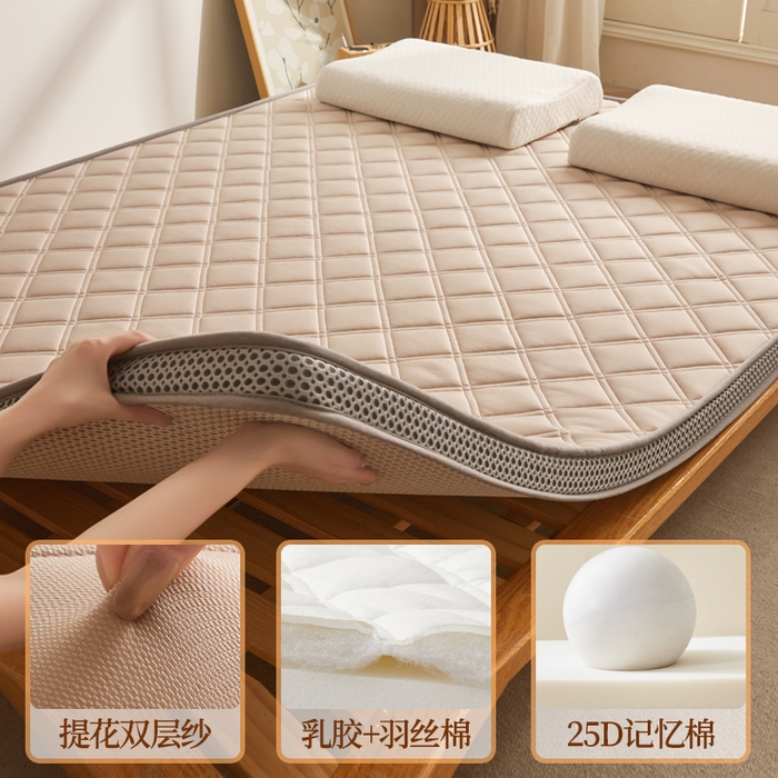91家纺网 家纺一手货源 找家纺 丽诺床垫 2025新款提花双层纱乳胶立体床垫 驼色