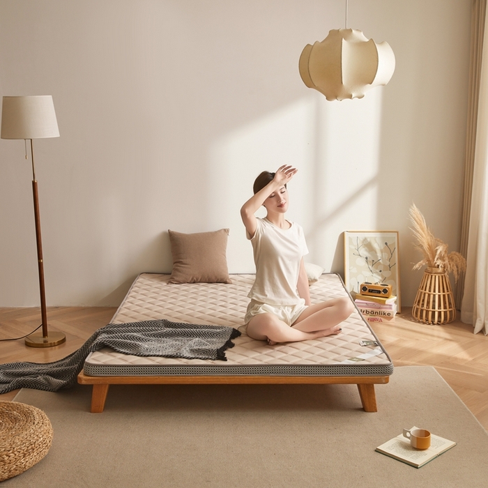 91家纺网 家纺一手货源 找家纺 丽诺床垫 2025新款提花双层纱乳胶立体床垫 驼色