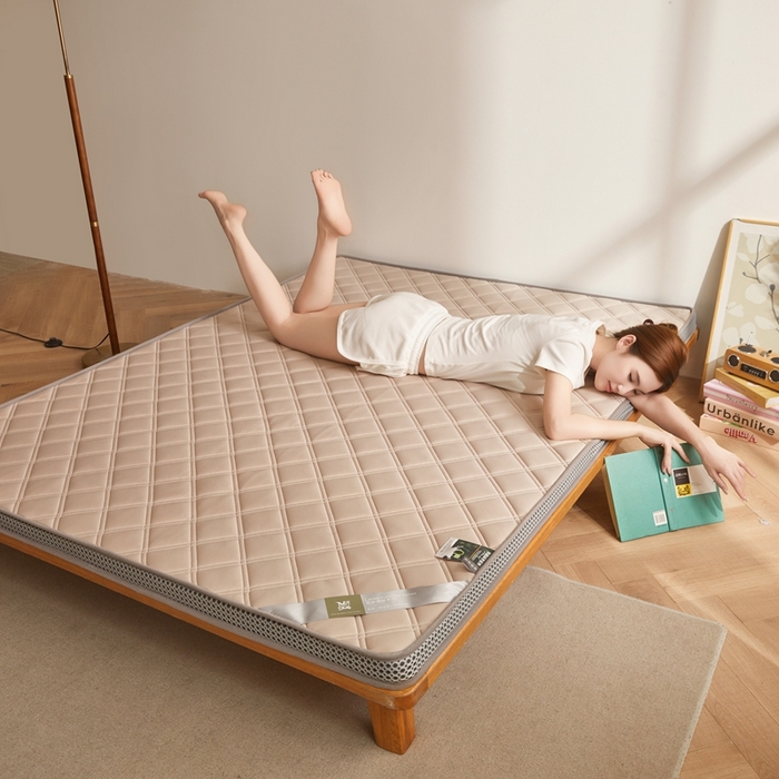 91家纺网 家纺一手货源 找家纺 丽诺床垫 2025新款提花双层纱乳胶立体床垫 驼色