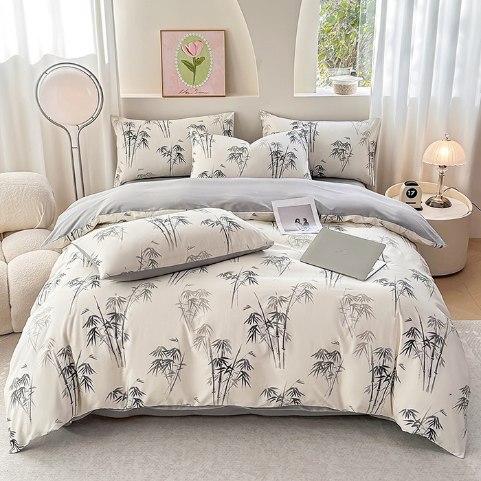 91家纺网 家纺一手货源 找家纺 2025直播新款13372全棉纯棉印花四件套喷气小清新简约热款学生四件套 墨竹新花型上新