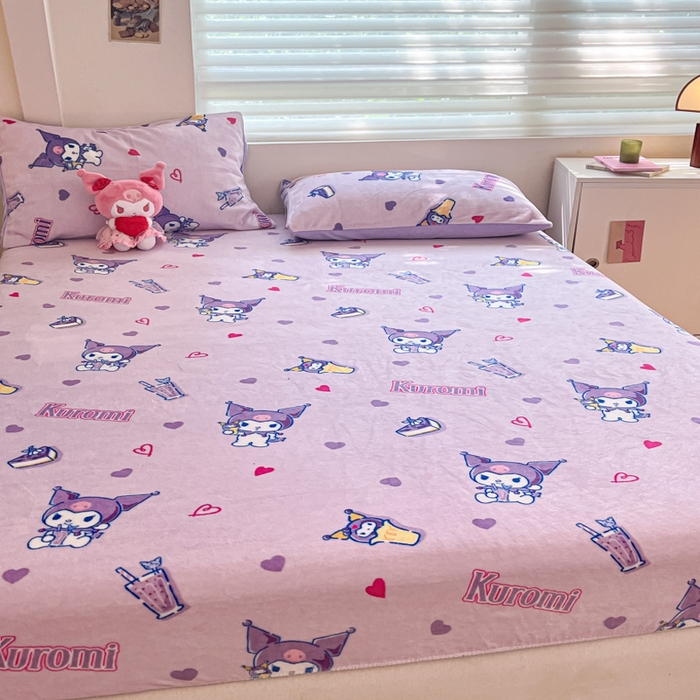 91家纺网 家纺一手货源 找家纺 金爱家 2025新款三丽鸥牛奶绒单品系列床单床笠单件 绒-X紫心库洛米