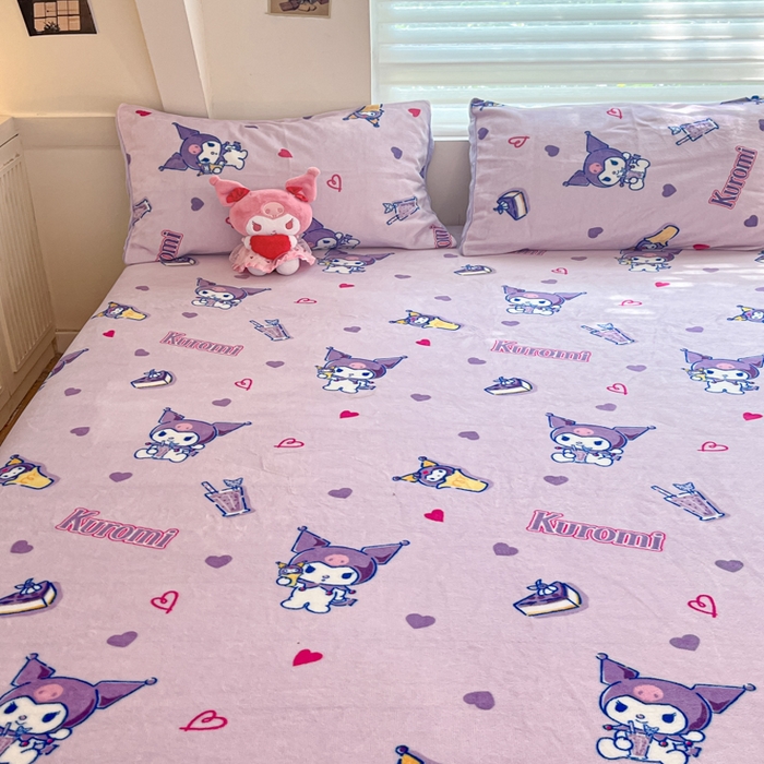 91家纺网 家纺一手货源 找家纺 金爱家 2025新款三丽鸥牛奶绒单品系列床单床笠单件 绒-X紫心库洛米