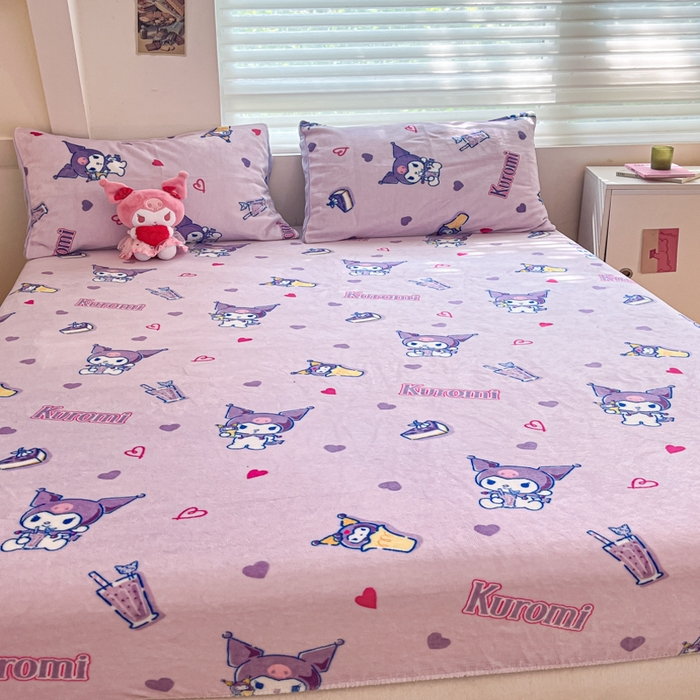 91家纺网 家纺一手货源 找家纺 金爱家 2025新款三丽鸥牛奶绒单品系列床单床笠单件 绒-X紫心库洛米